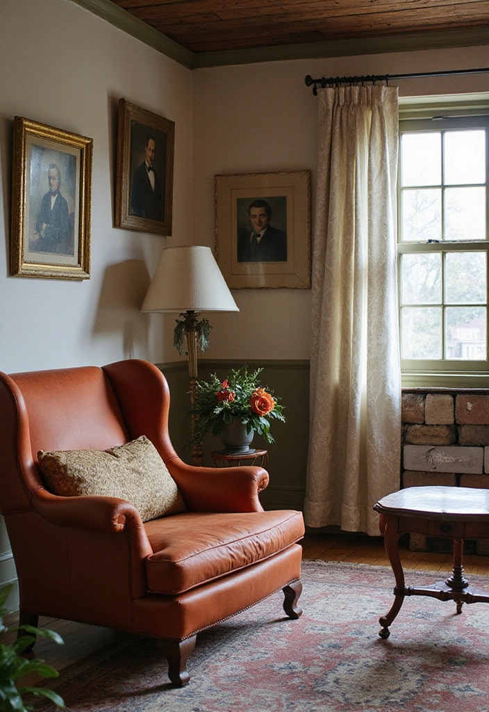 A vintage armchair and thrifted art add character to an earthy living room.