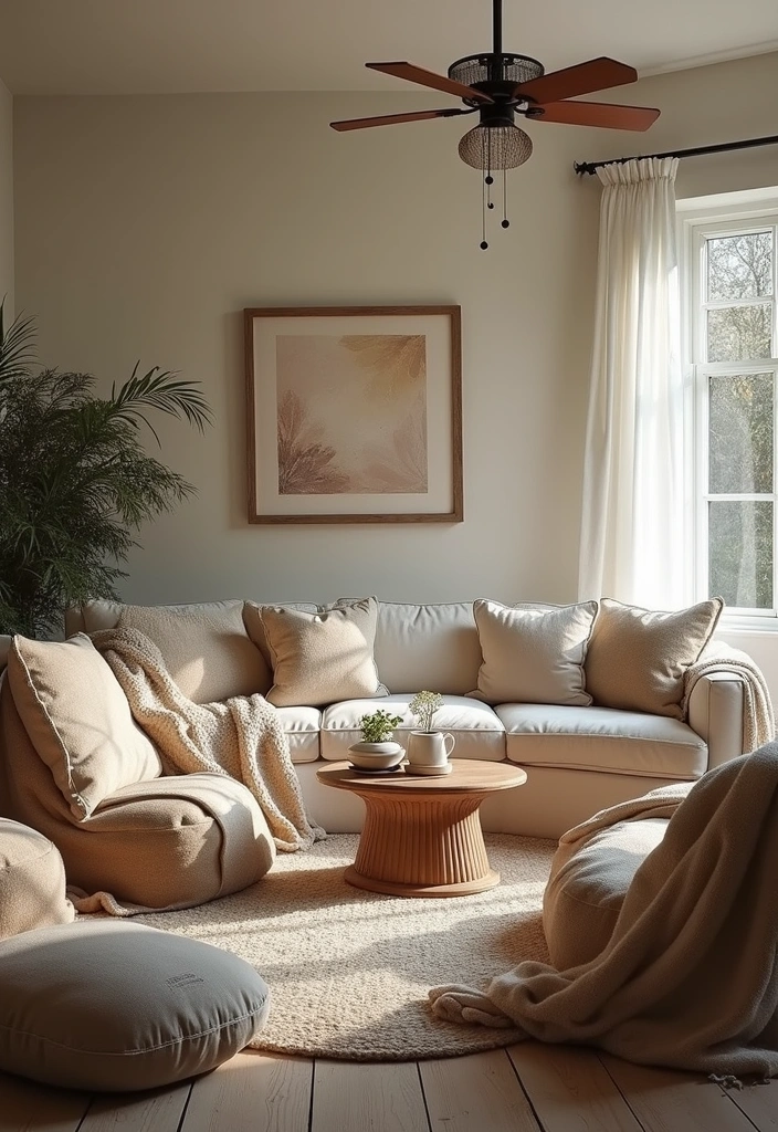An inviting living room with a deep, soft sofa and plenty of warm blankets.