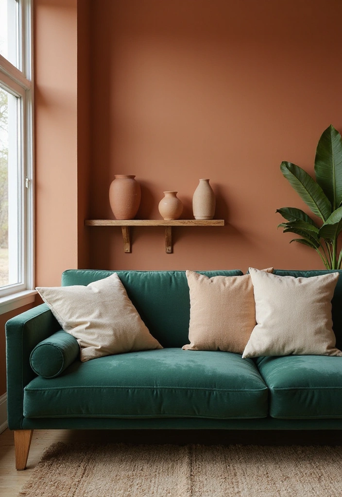 Living room decorated with an earthy color palette of terracotta, moss green, and sandy beige.