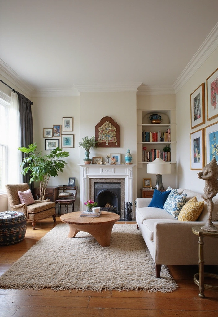 Living room with quirky artwork and unique sculptures adding a whimsical touch.