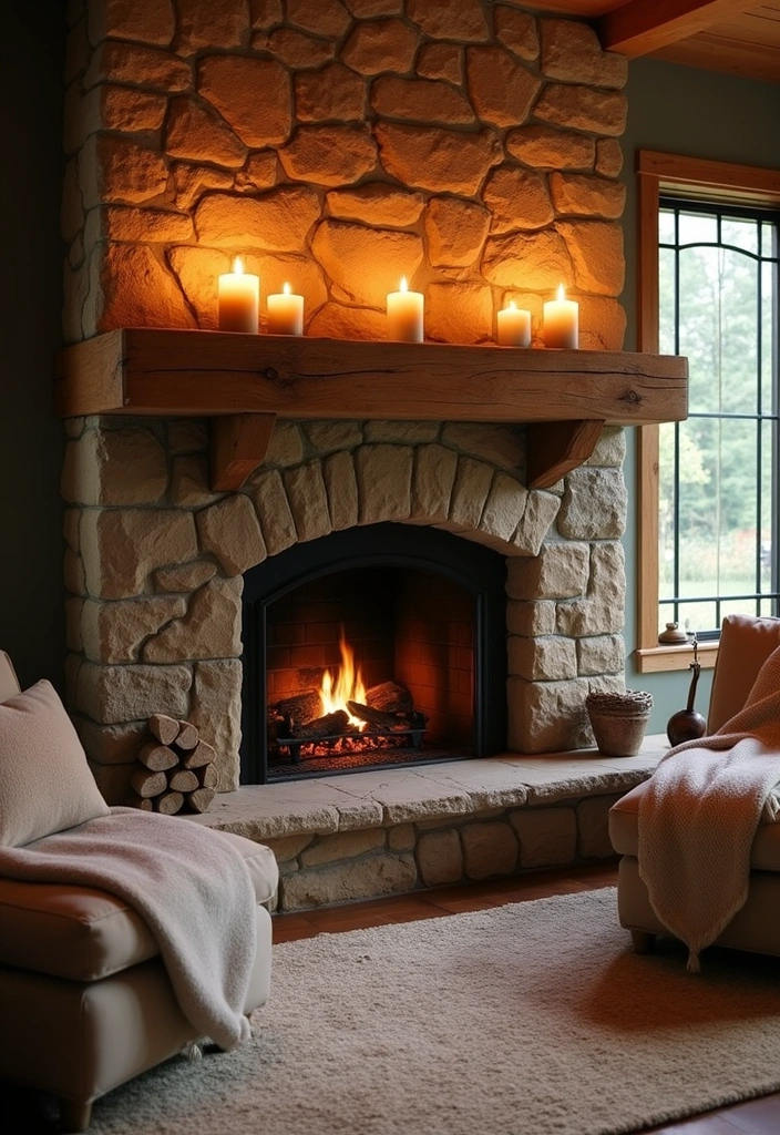 A rustic stone fireplace creating a warm and inviting atmosphere in a living room.