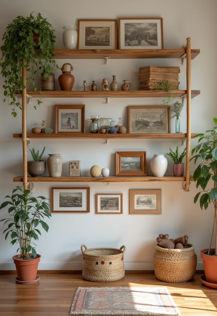 Shelves in a living room decorated with personal mementos like travel souvenirs and family photos.