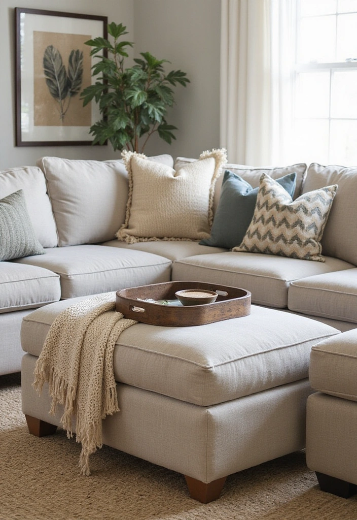 A storage ottoman and a decorative tray on a coffee table in a stylish living room.