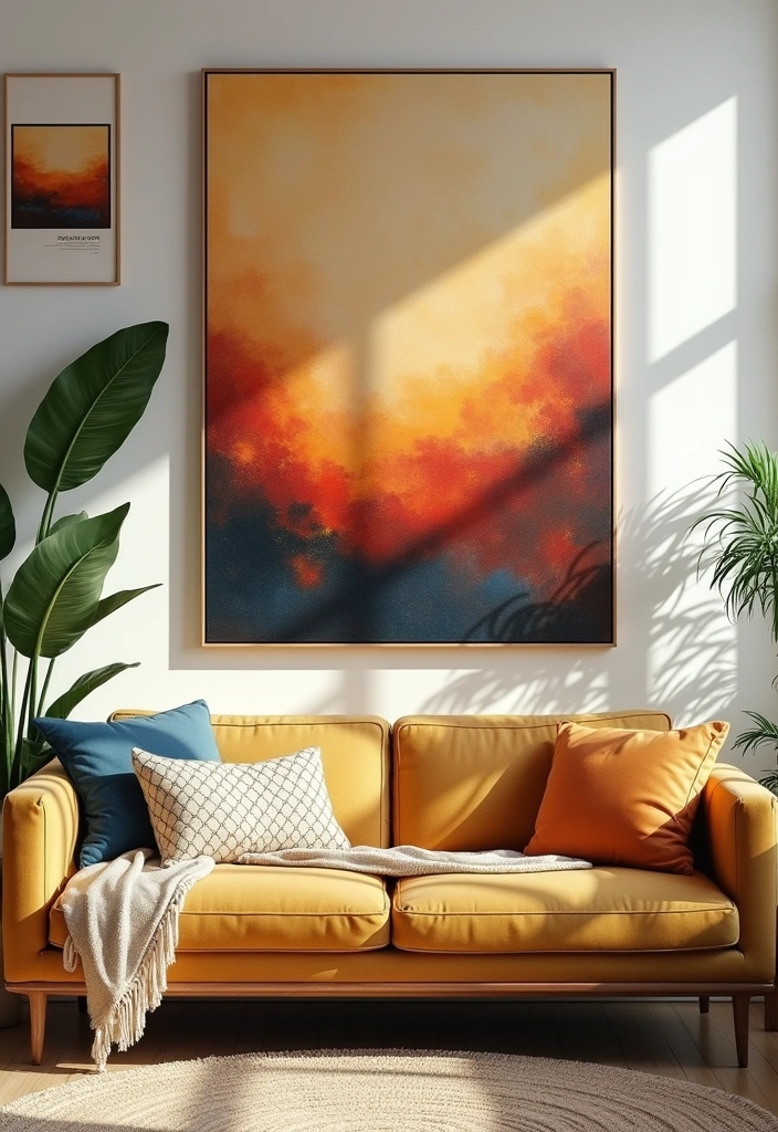 A large abstract painting with earthy tones adds a pop of color to a neutral living room.