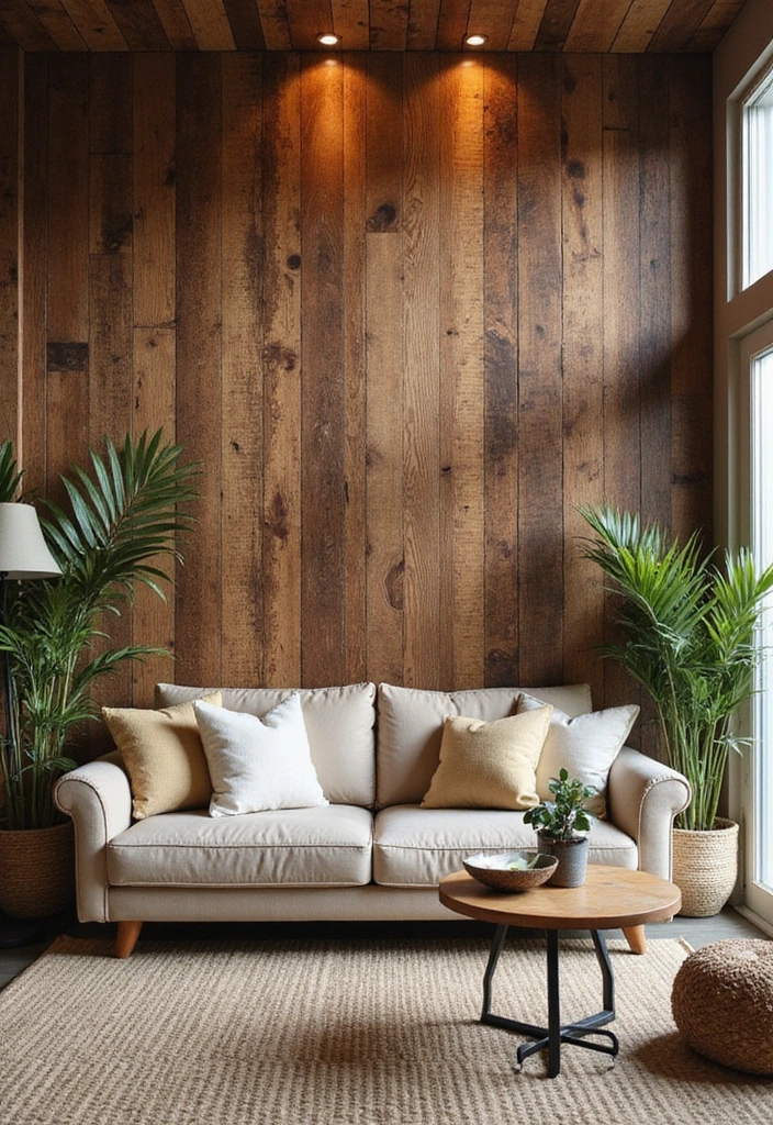 An accent wall with reclaimed wood paneling adds texture and warmth to a living room.