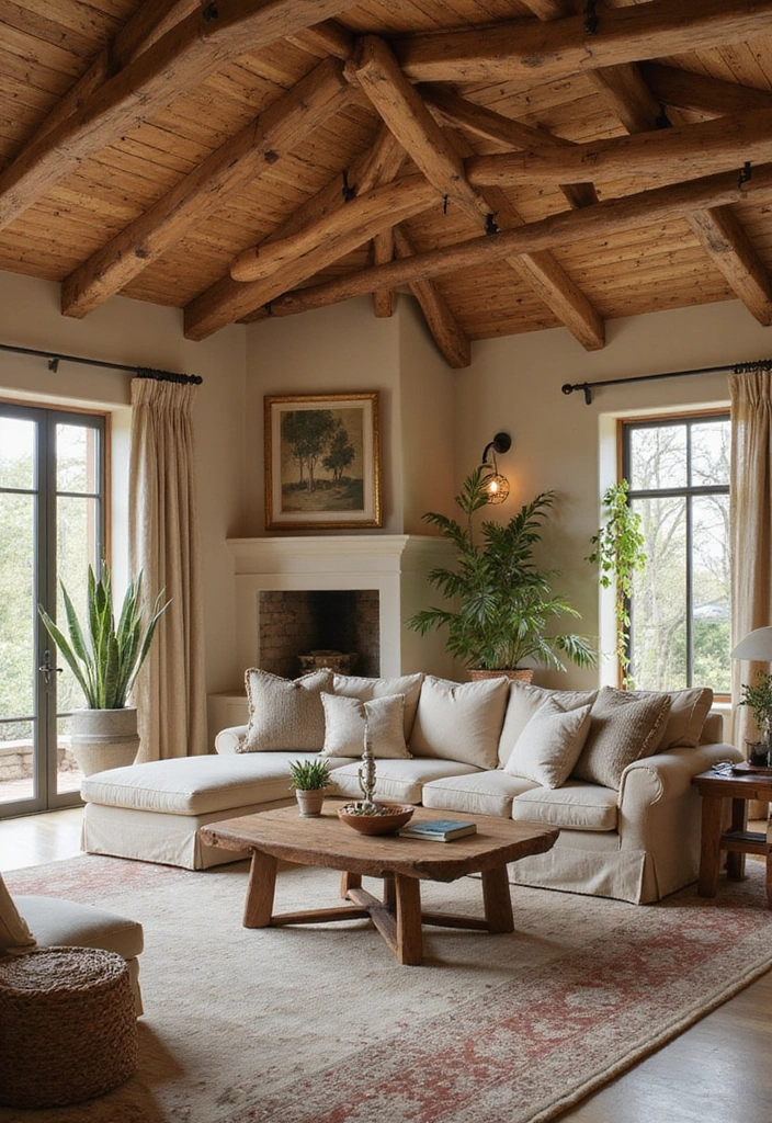 Living room with a bamboo plank ceiling, creating an organic and nature-inspired look.