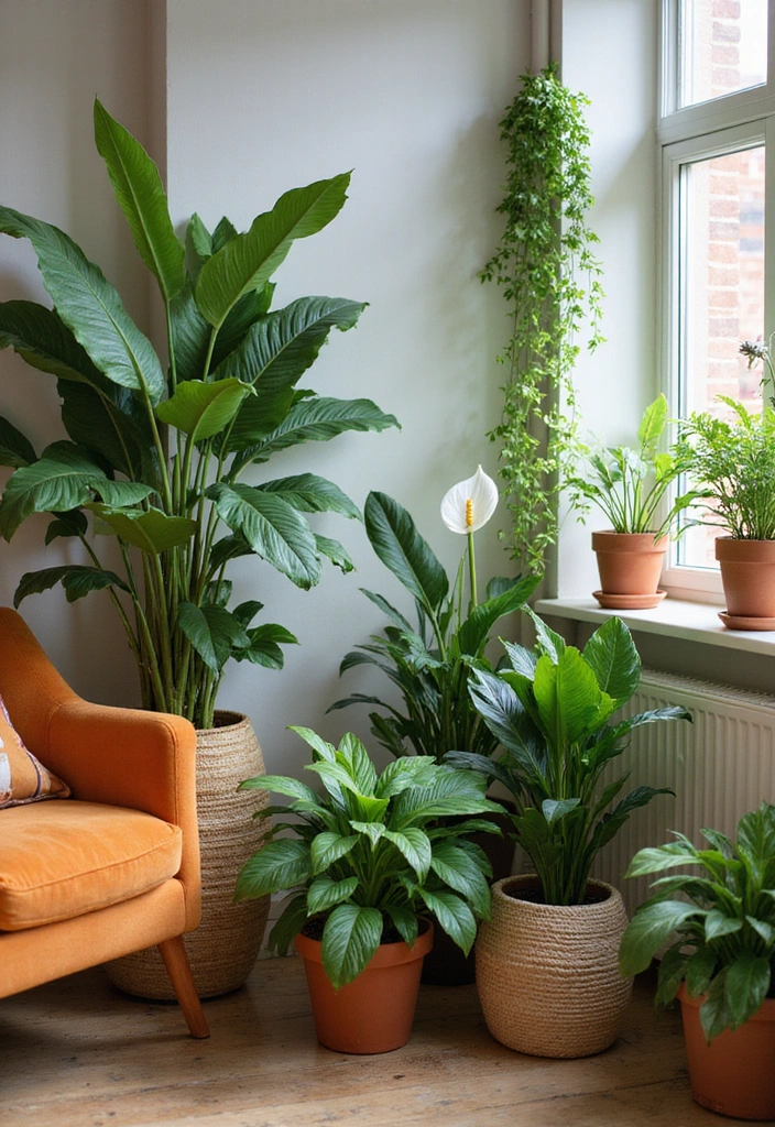 Living room filled with various houseplants like snake plants and pothos in decorative pots.