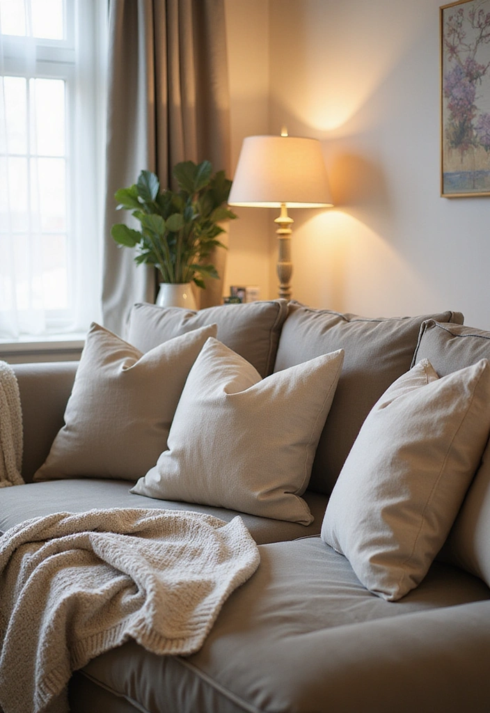 Cozy living room with a plush sofa, throw pillows, and soft blankets.