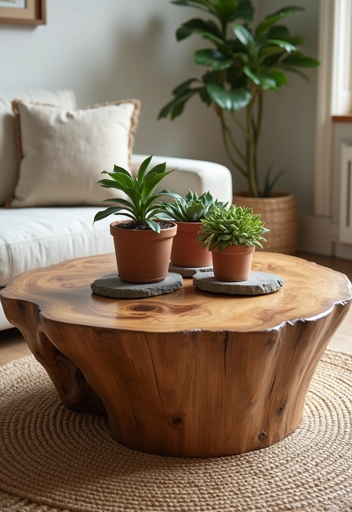 Living room featuring furniture and decor made from natural materials like wood and stone.