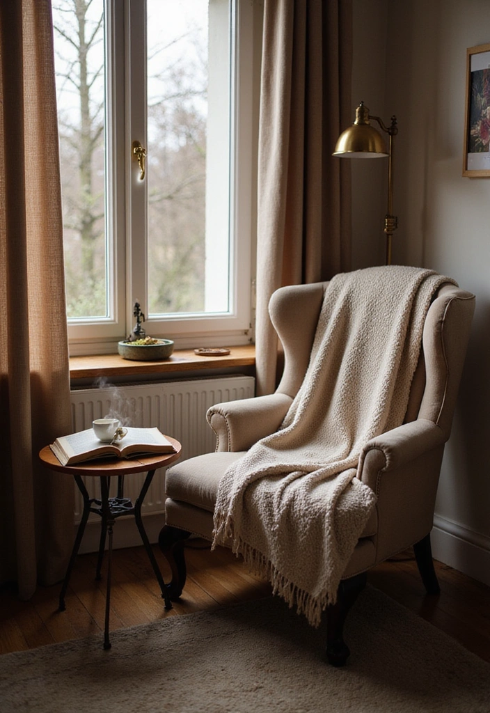 A cozy reading nook in the corner of a living room with an armchair and floor lamp.