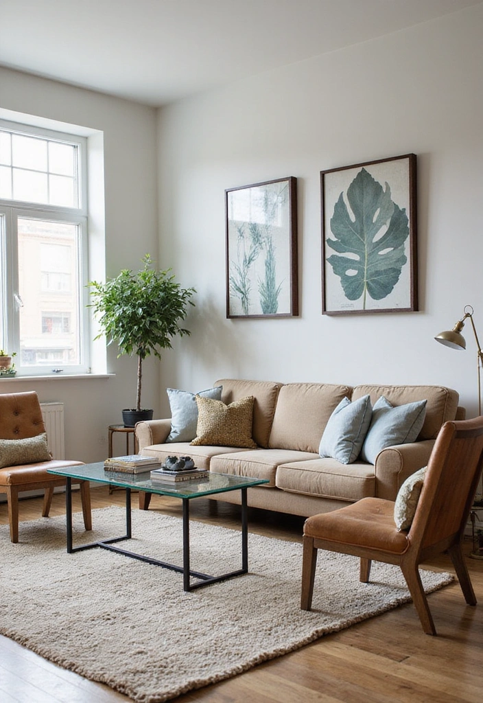 Living room blending modern furniture with rustic wooden elements.