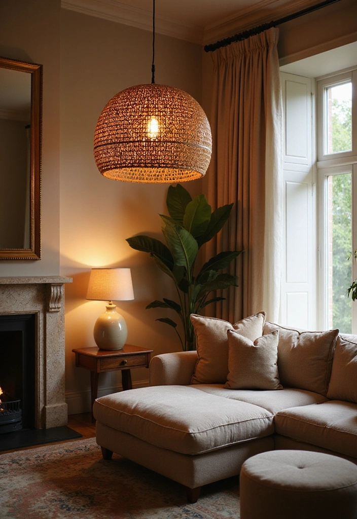 Living room with a large rattan pendant light as a statement piece.