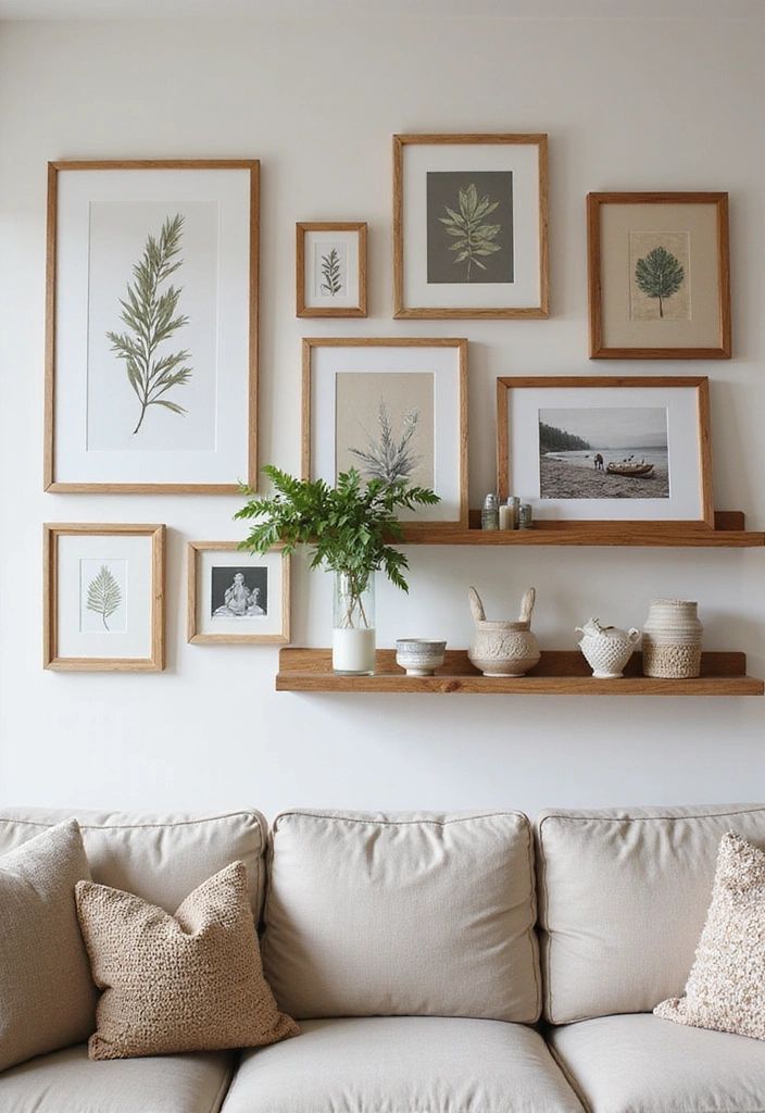 Gallery wall in a living room with nature-inspired art and personal photos in wooden frames.