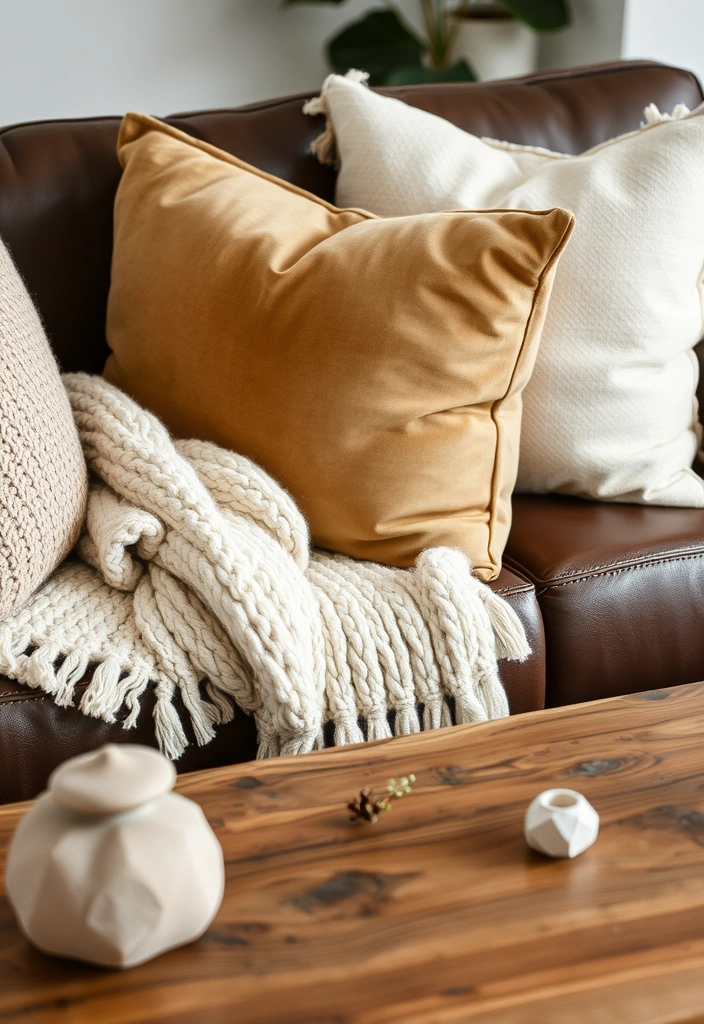 A living room showcasing various natural textures like a woven rug and wooden furniture alongside a brown leather couch.