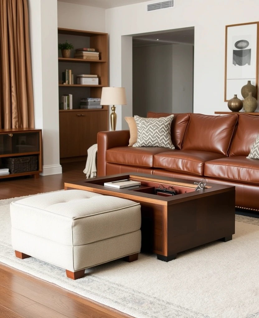 A stylish storage ottoman that doubles as a coffee table in front of the leather couch.