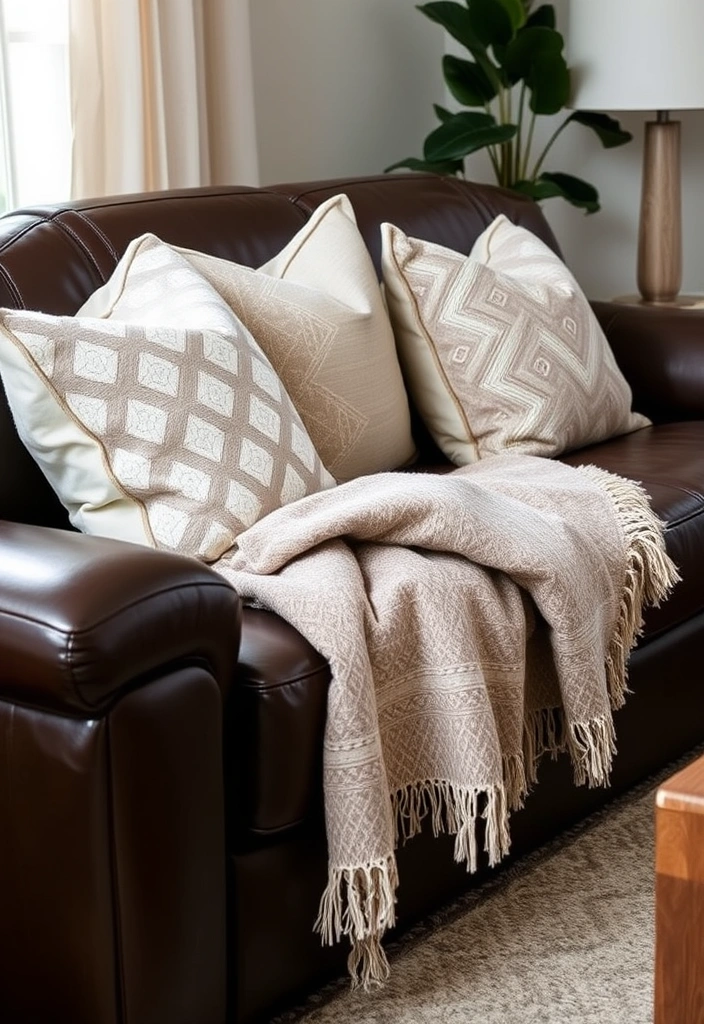 Cushions with subtle geometric patterns in earthy tones on the dark sofa.