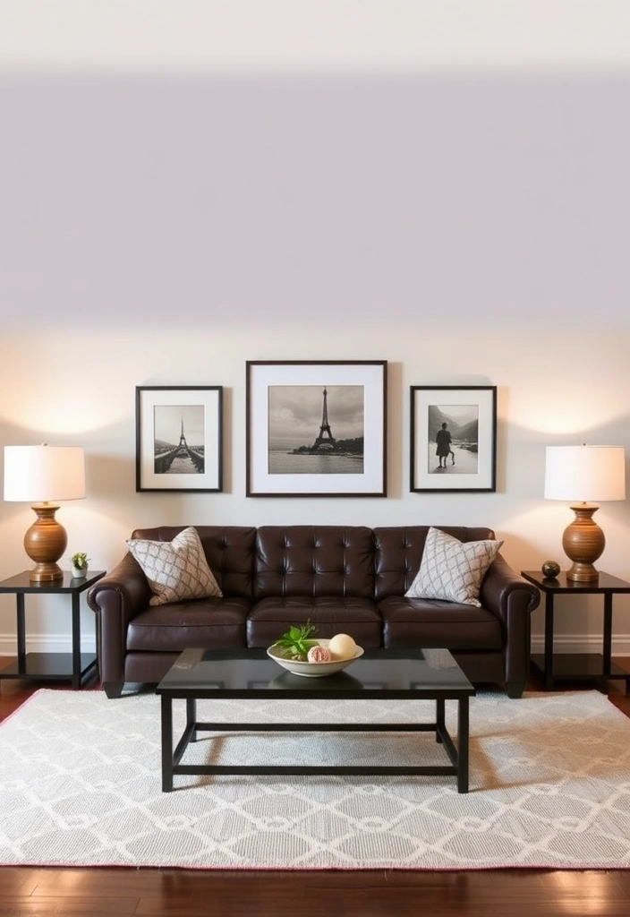 A balanced living room layout with matching side tables and lamps flanking the sofa.