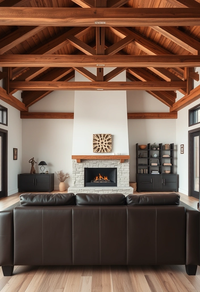 A living room with an exposed brick wall or wooden beams that are highlighted by the decor.