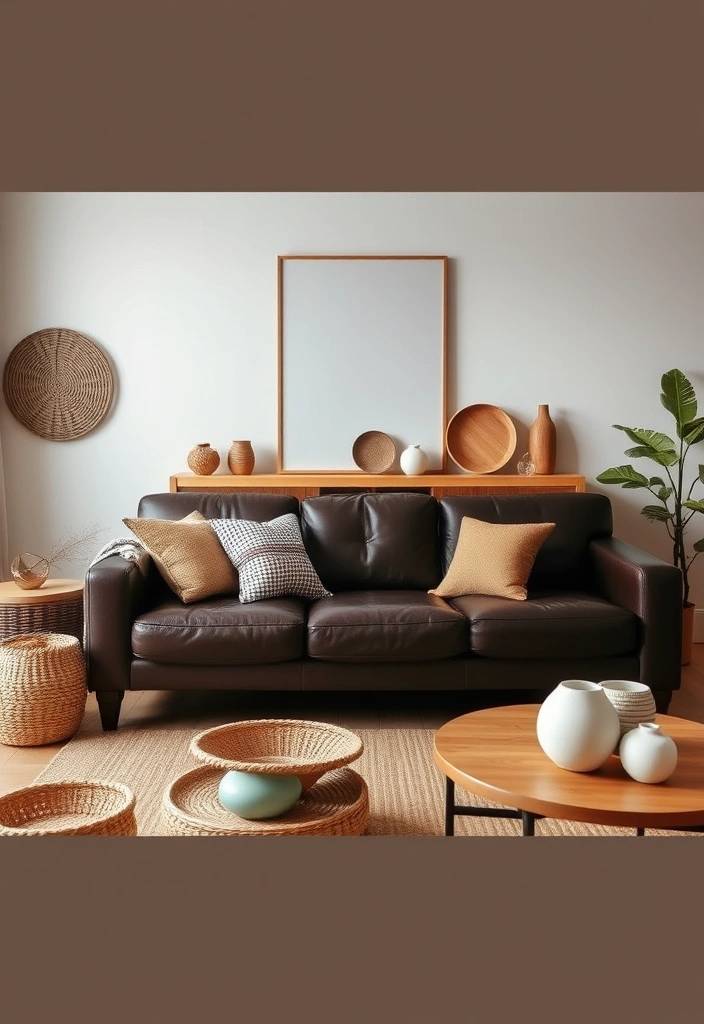 A few carefully selected accessories, like a woven basket and ceramic vases, on a console table.