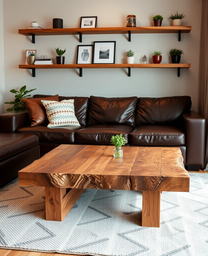 A living room featuring a natural wood coffee table and floating shelves.