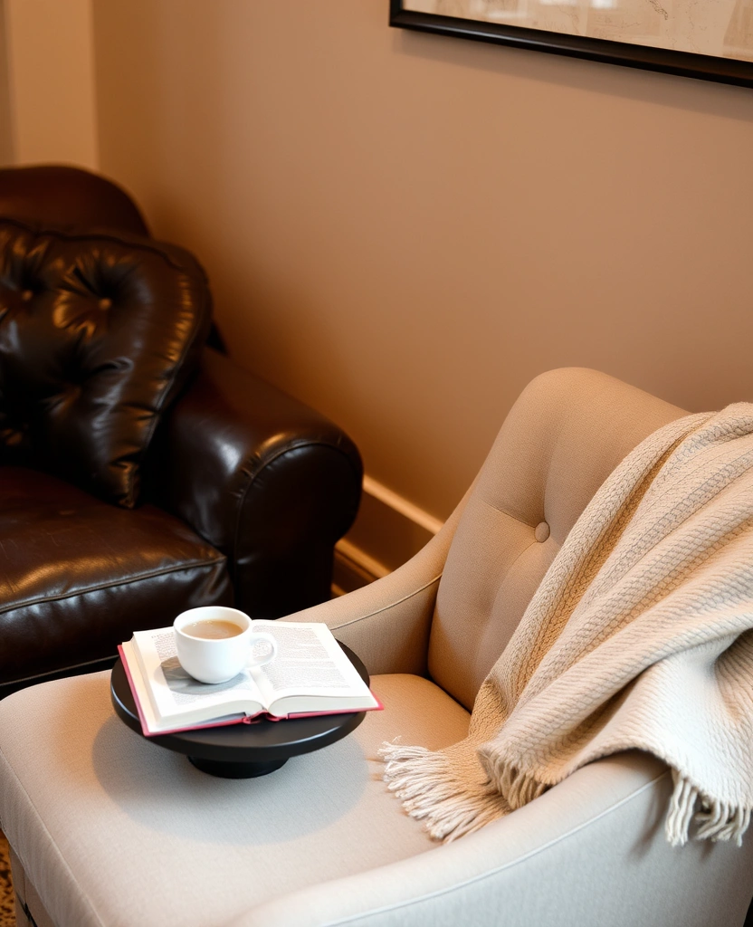 A comfortable armchair and a small side table creating a cozy reading corner in the living room.