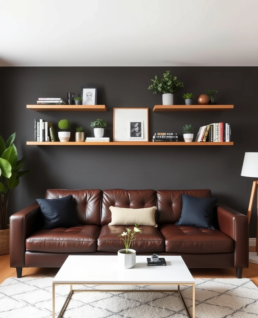 Minimalist floating shelves above the sofa displaying books and small plants.