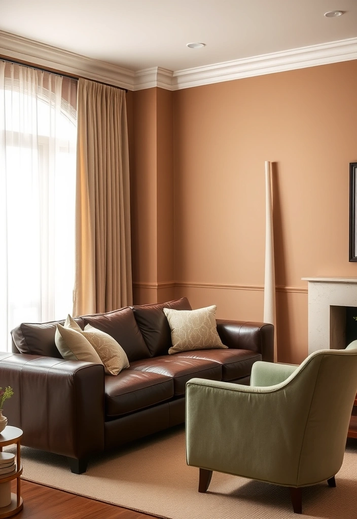 Living room with a soft neutral color palette of beige and off-white, complementing the dark brown sofa.