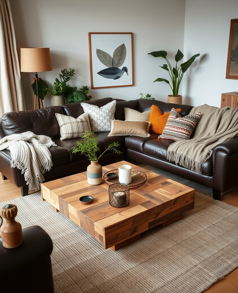 Decor items made from reclaimed wood and recycled materials in a modern living room.