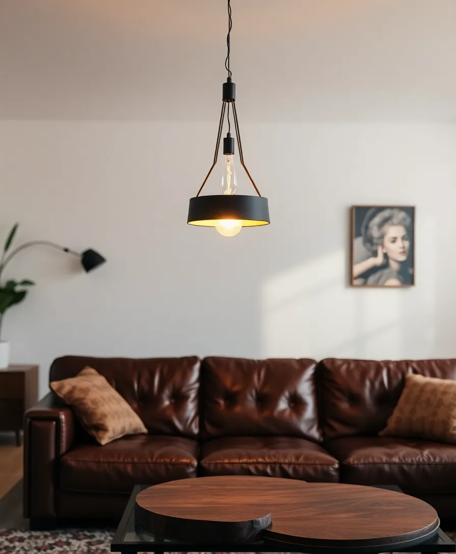 A stylish pendant light with a natural woven shade hanging over the seating area.