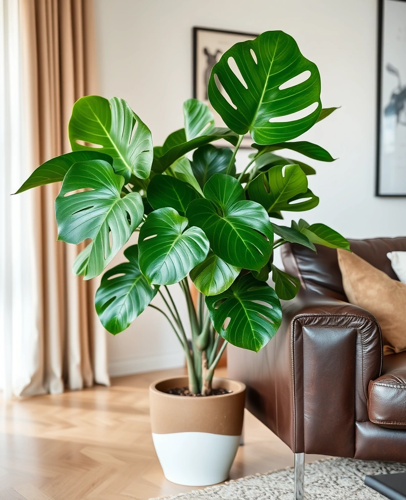 A large, dramatic fiddle leaf fig plant standing in a corner of the living room.