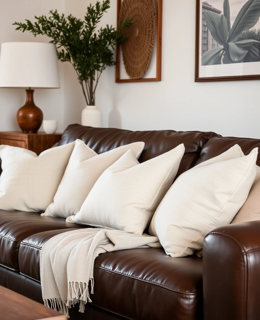 A close-up showing the contrast between the smooth leather sofa, a rough-textured pillow, and a soft knit throw.