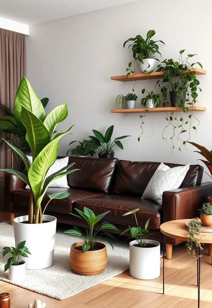 Potted plants placed strategically around a living room with a brown leather couch to add a touch of nature.
