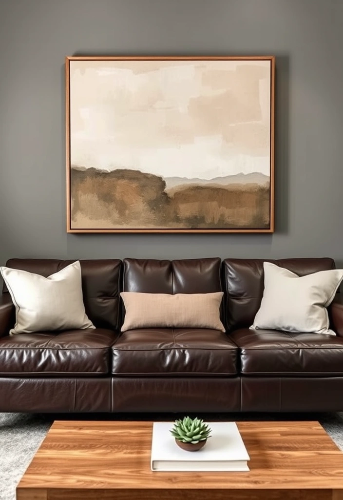 Minimalist abstract art in neutral tones hanging above the dark brown sofa.
