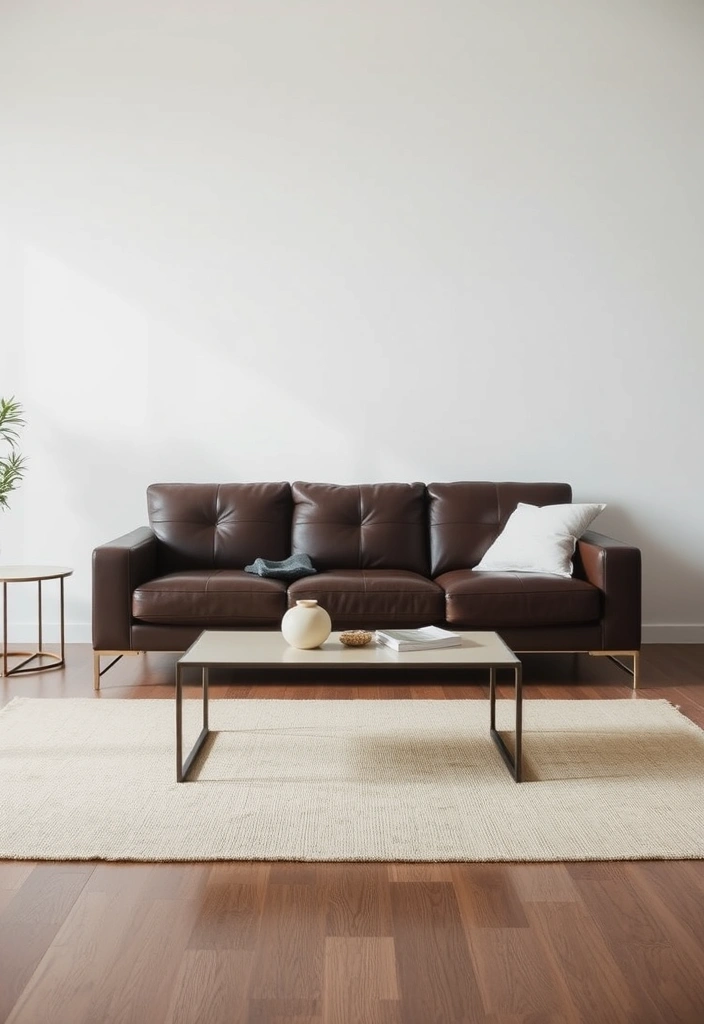 Sleek, modern furniture with clean lines surrounding the central leather couch.