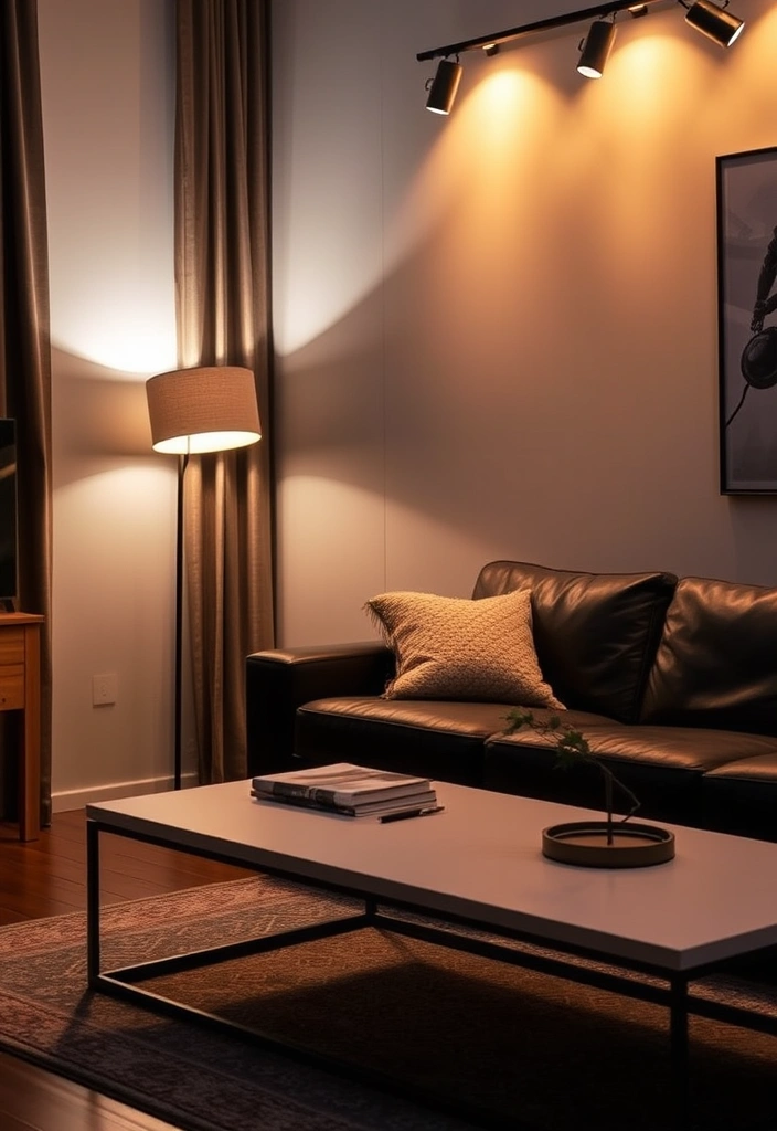 A mix of floor lamps, table lamps, and overhead lighting creating a warm, layered effect in the evening.