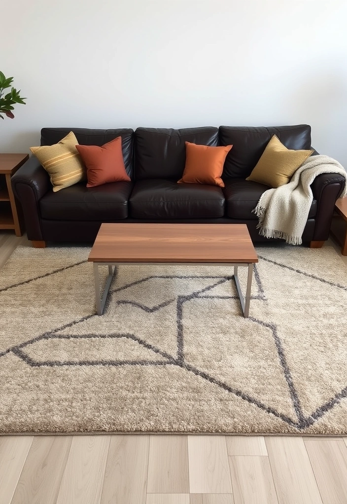 A textured area rug and plush throw pillows adding comfort and style to the leather couch.