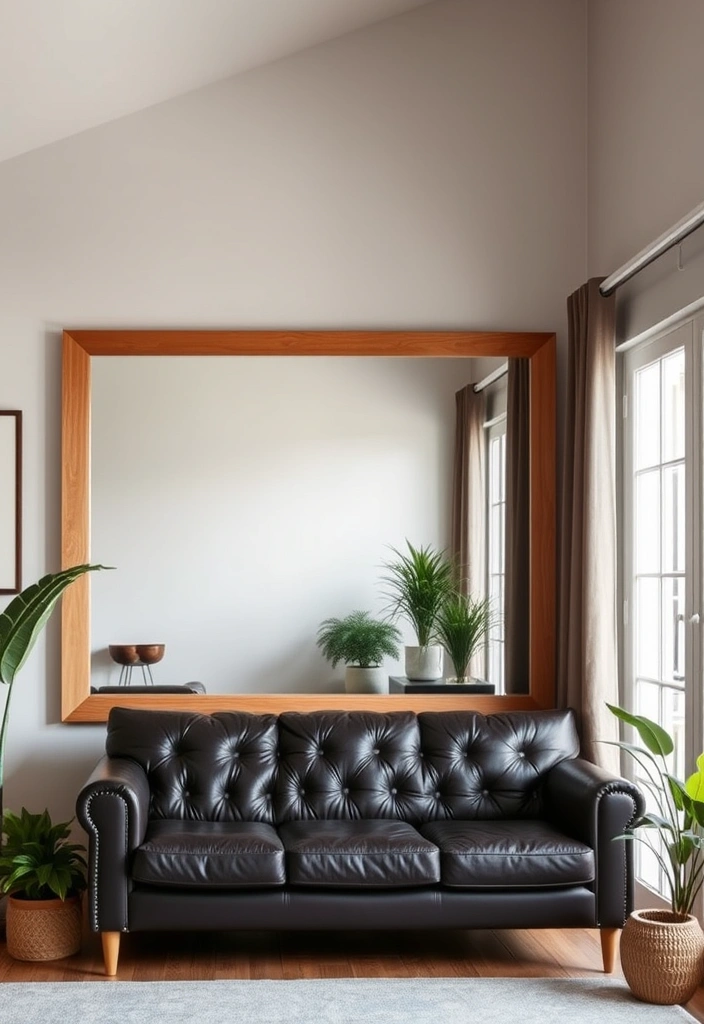 A large, simply framed mirror on the wall reflecting light and making the room feel larger.