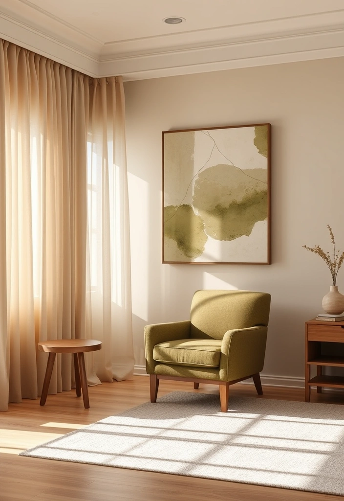 A living room with soft beige walls creating a warm, inviting base for the decor.