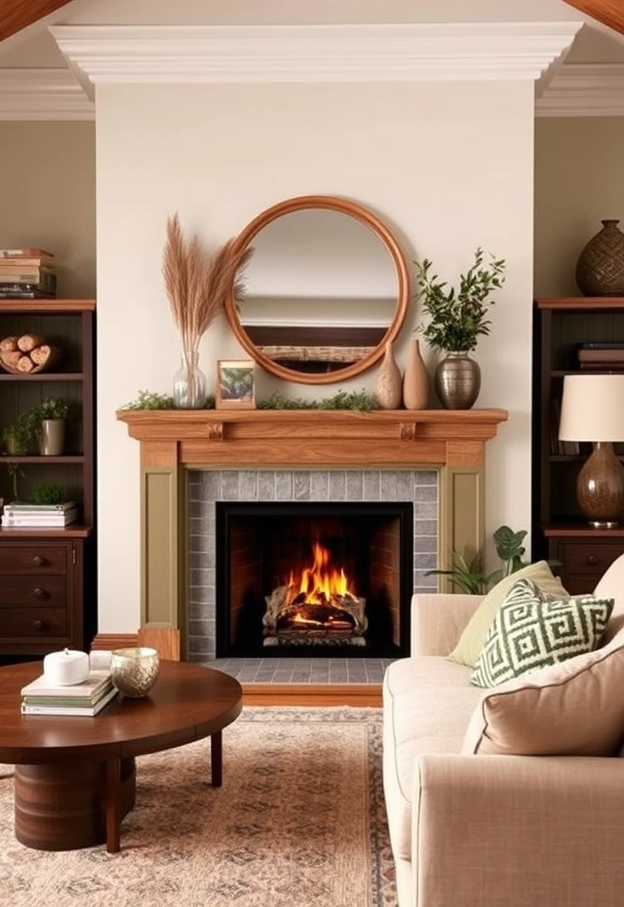 A beautifully styled fireplace acting as the focal point in an earthy-toned living room.
