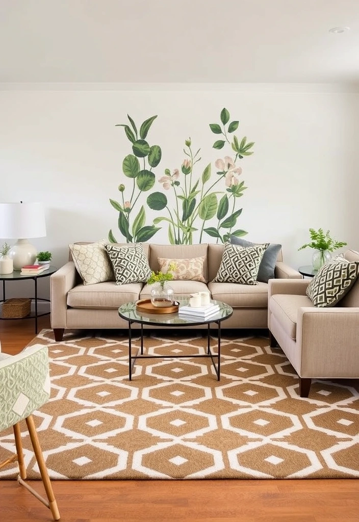 Patterned pillows and a rug adding visual interest to the neutral color scheme.