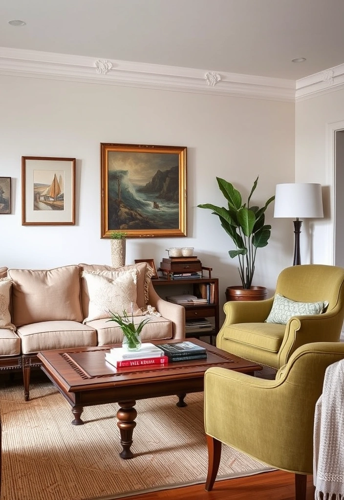 A mix of vintage and modern furniture creating an eclectic and personal living room.