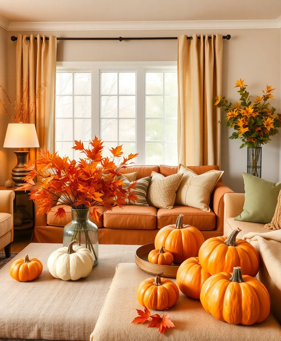 Seasonal decor, such as autumn-colored throws, refreshing the living room space.
