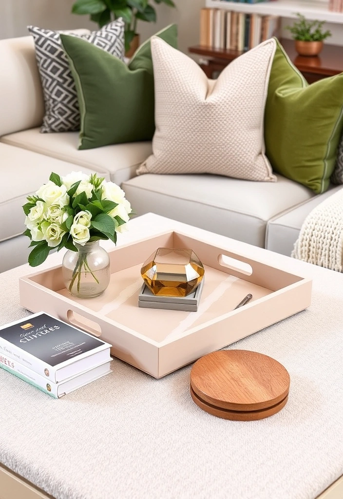 A cohesive collection of accessories on a coffee table tying the room's theme together.