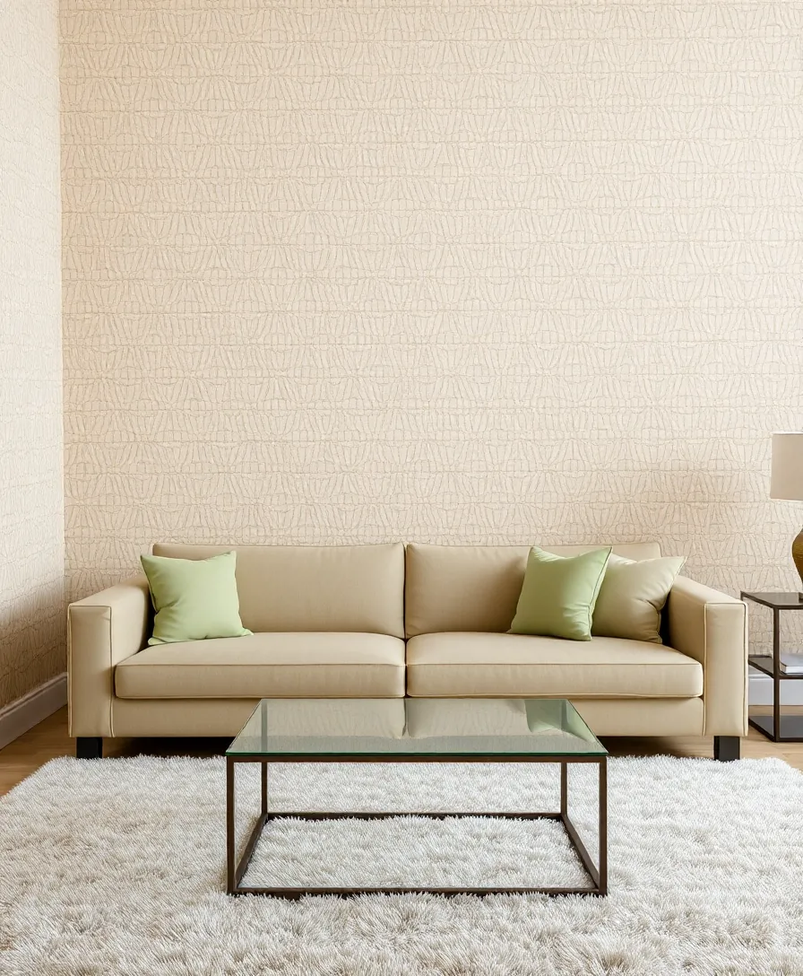 A living room with textured wallpaper in a subtle beige pattern adding depth and elegance.