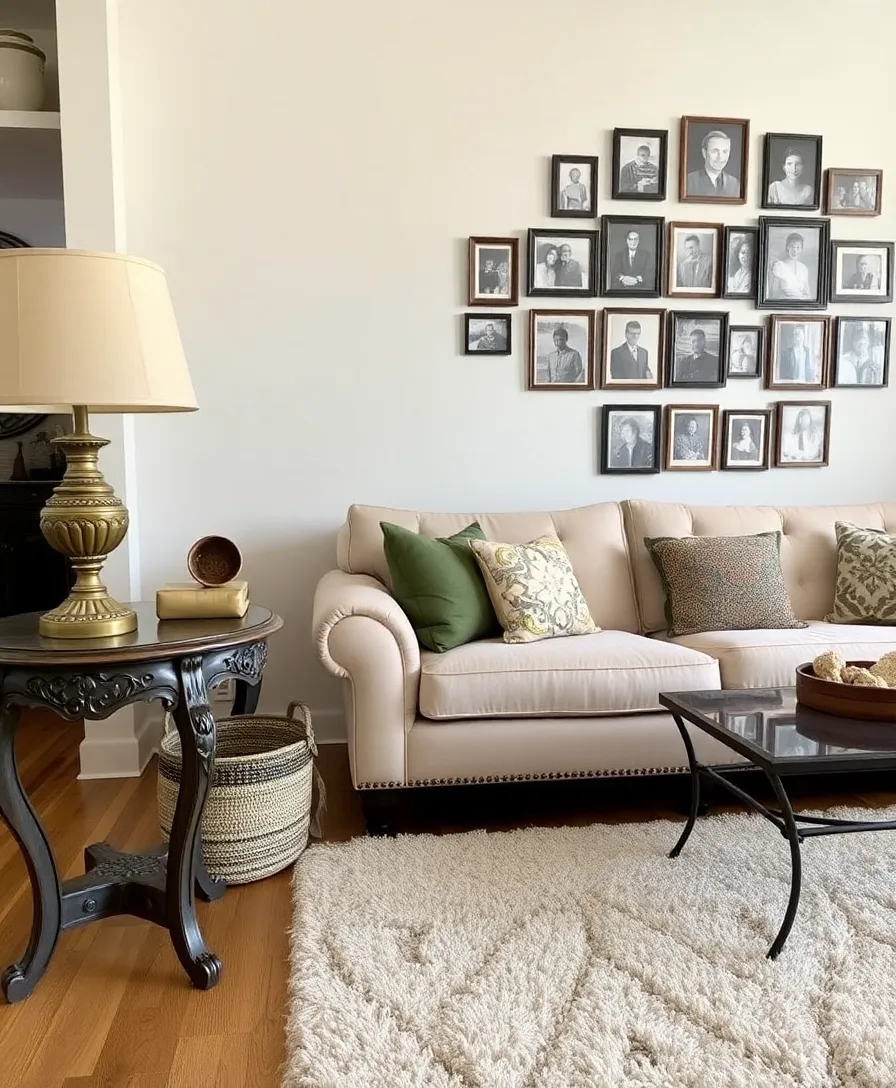 A vintage side table and lamp adding a personal and historic touch to the modern living space.