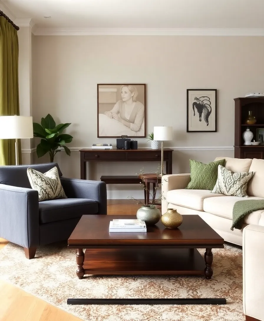 Dark accents like a charcoal gray chair creating a bold contrast against the beige and olive tones.