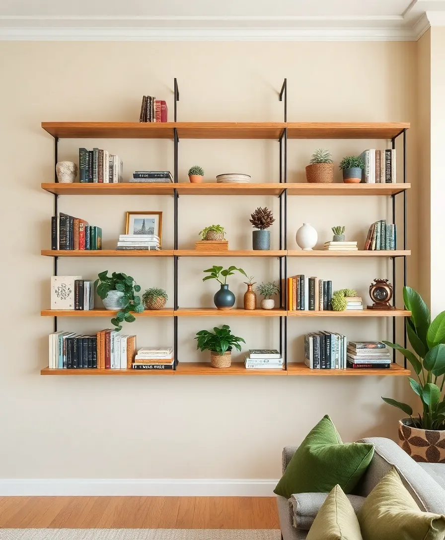 Creative open shelving displaying books and decor while enhancing the room's aesthetic.
