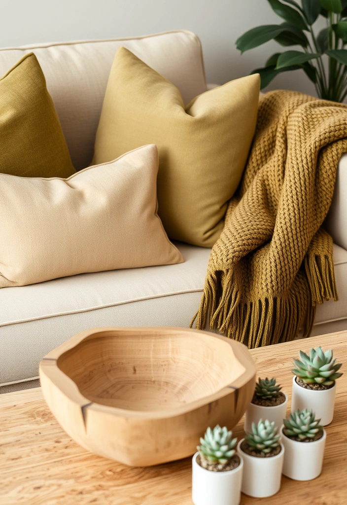 Olive green accent pieces, like throw pillows, adding depth to a beige living room.