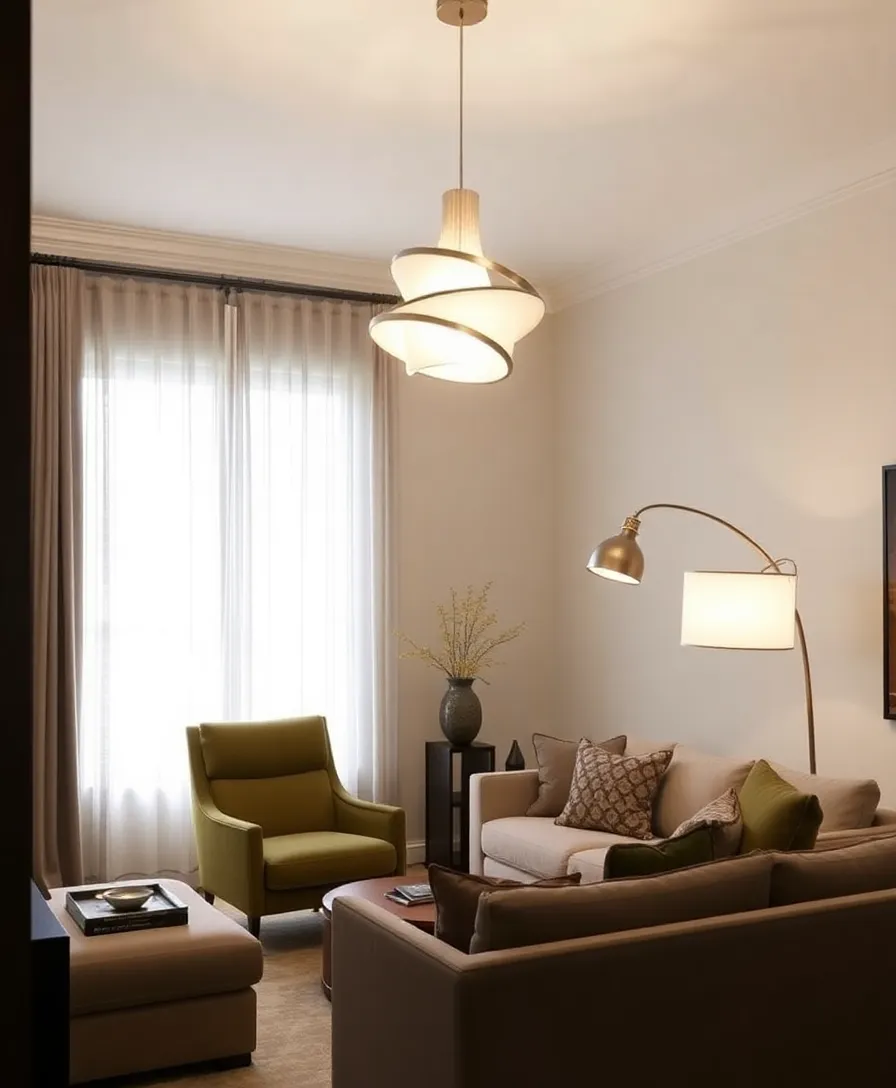 A sculptural pendant light acting as a stunning artistic statement in the living room.