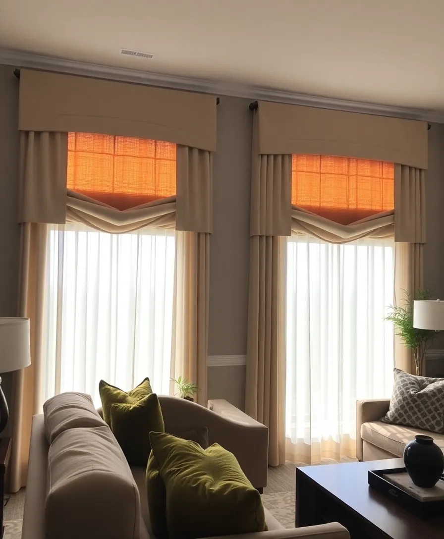 Layered window treatments with sheer beige curtains and olive drapes adding style and function.
